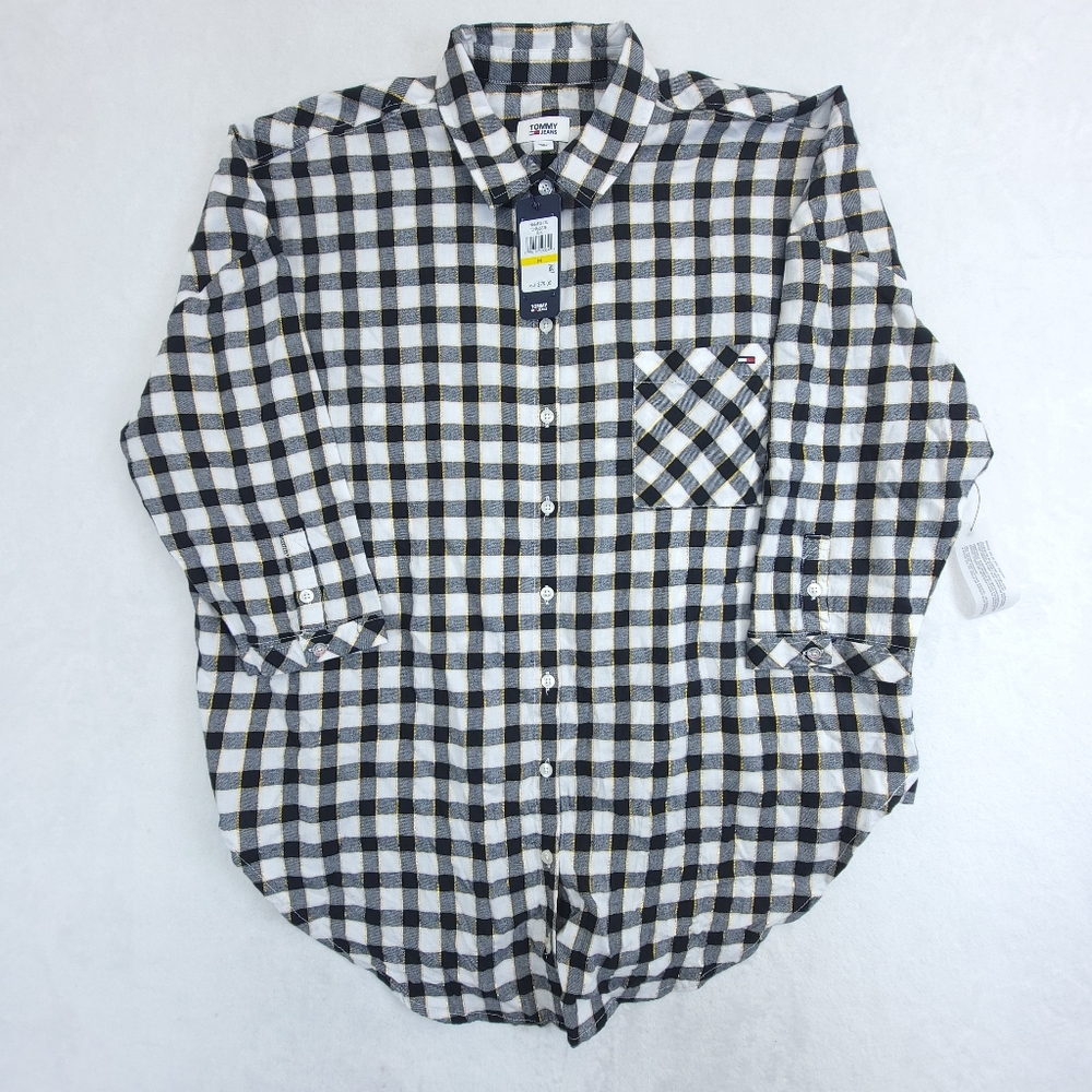 Tommy Jeans Women's Cotton Oversized Button Up Plaid Shirt Size M NEW